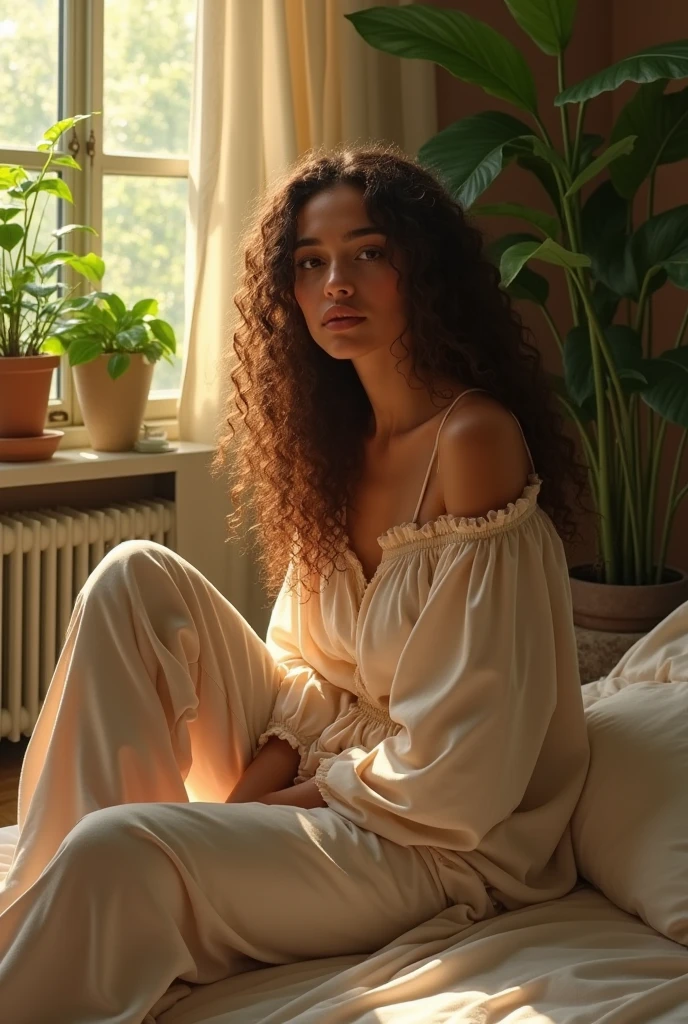 (photorealism:1.2), beautiful woman, sitting on bed, wearing loose off-shoulder top, pajama pants, long curly hair, indoors, soft lighting, plants in background, window with sunlight, cozy room, relaxed pose, realistic, intricate details, warm colors, by Greg Rutkowski, by Alphonse Mucha