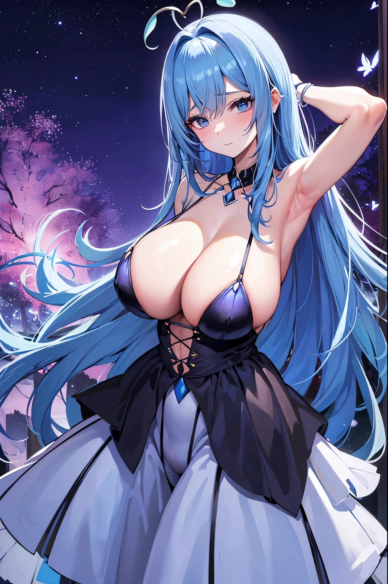 meilleur qualité, Jeune femme papillon, cheveux bleu nuit, Une (gigantesque poitrine:1.4), antenne d'insecte sur la tête, ailes de papillon, Tenue sexy, dans Une nuit étoilée
