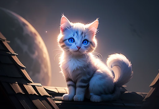 A kitten with white fur and blue eyes is on the roof of the house admiring the moon in the sky, looking at the moon ð, Littleãadorable fluffyãcinematic lighting effectsãCharmingãvery cuteãfantasy artãbokehãdigital paintingãsoft lightingã4K resolutionã photorealistic renderingãvery detailedãa realistic masterpieceãprofessional photographyã