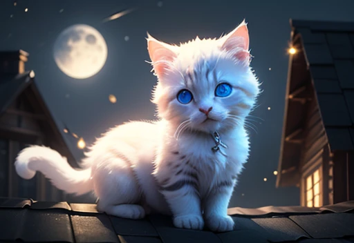 A kitten with white fur and blue eyes is on the roof of the house admiring the moon in the sky, looking at the moon 🌝, Little、adorable fluffy、cinematic lighting effects、Charming、very cute、fantasy art、bokeh、digital painting、soft lighting、4K resolution、 photorealistic rendering、very detailed、a realistic masterpiece、professional photography、
