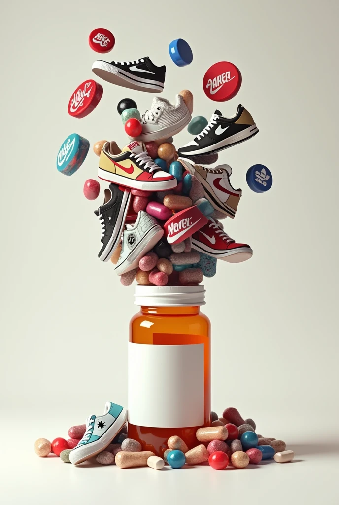 Create a little pill bottle where Nike brands fall, Adidas, converse, jordan, balenciaga, gucci etc