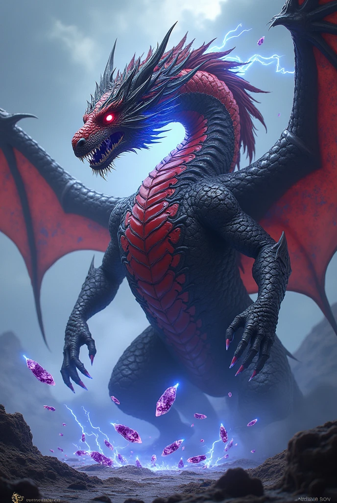 In adult dragon form, Kairon transforms into a majestic and terrifying creature. Its skin is covered in red scales with a deep black sheen., interlaced with silver plates that reinforce vital areas such as the chest and wings. Around your body, blue and white electric currents crackle and sparkle, emanating from the power of the Storm Dragon. Amethyst stones float in orbit, reflecting his ability to manipulate gravity. The shadows around you move unsettlingly, echoing the presence of the Umbral Dragon. Your gaze is penetrating, and the combination of all these features makes it an imposing and unforgettable sight..