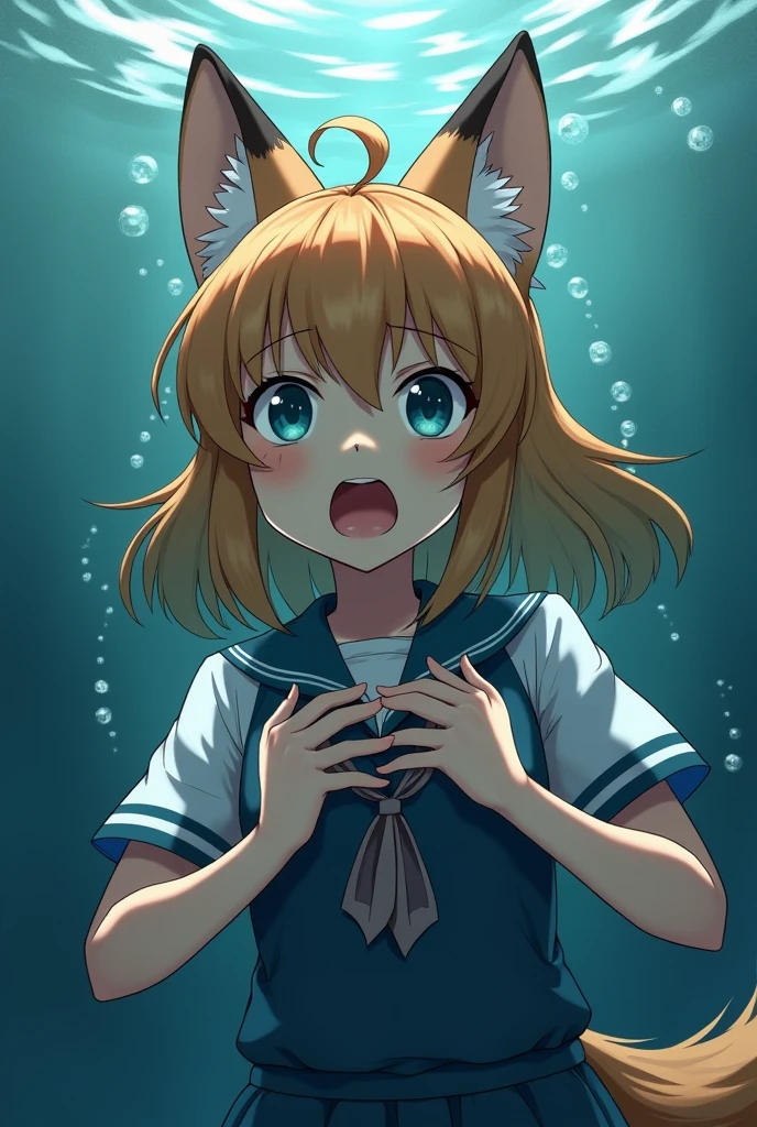 1 anthropomorphic female fox in a short sleeve school sports uniform, drowning underwater, without breath, looking up with a worried and drowning expression on her face, grabbing her chest with her hands, side face, beautiful realistic and expressive eyes, beautiful detailed face, drowning pose, detailed and realistic hands, (best quality,4k,8k,highres,masterpiece:1.2),ultra-detailed,(realistic,photorealistic,photo-realistic:1.37),highly detailed, cinematic lighting, dramatic, emotional, underwater scene, underwater peril, underwater struggling, realistic water effects, water, bubbles, detailed facial features.