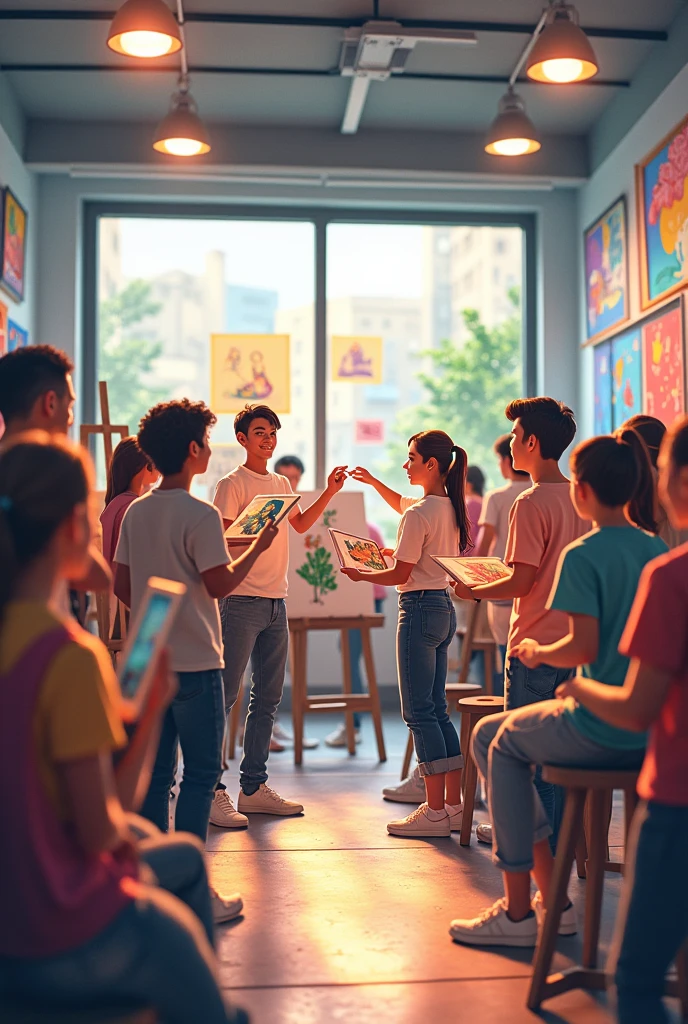 Students participating in a workshop, art exhibition, Presentation.