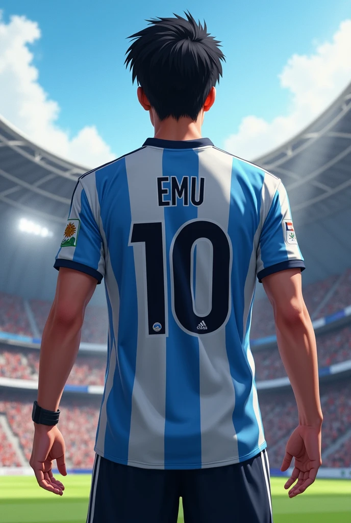 A boy showing his jersey to the audience, put name EMU and jersey number 10. Jersey should be argentina football team.also put argentina logo. Boy should show the backpart.not face.not human anime type.22 years old boy anime..black hair. .show it on stadium.in front of fans