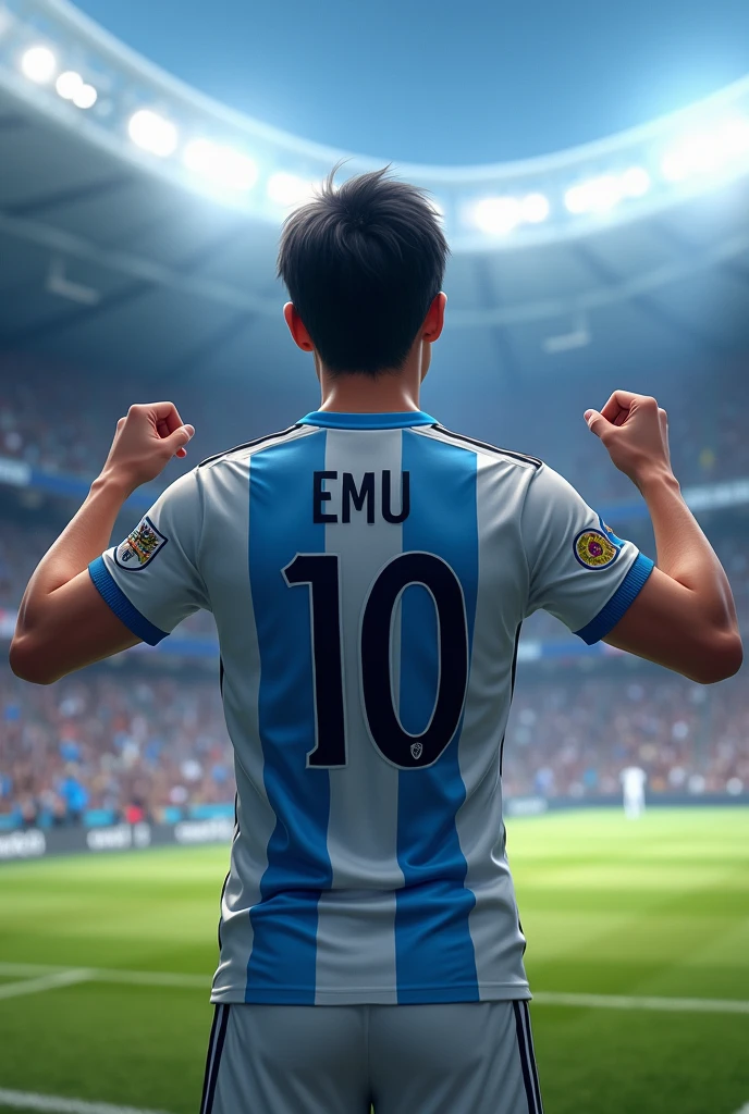 A boy showing his jersey to the audience, put name EMU and jersey number 10. Jersey should be argentina football team.also put argentina logo. Boy should show the backpart.not face.not human anime type.22 years old boy anime..black hair. .show it on stadium.in front of fans