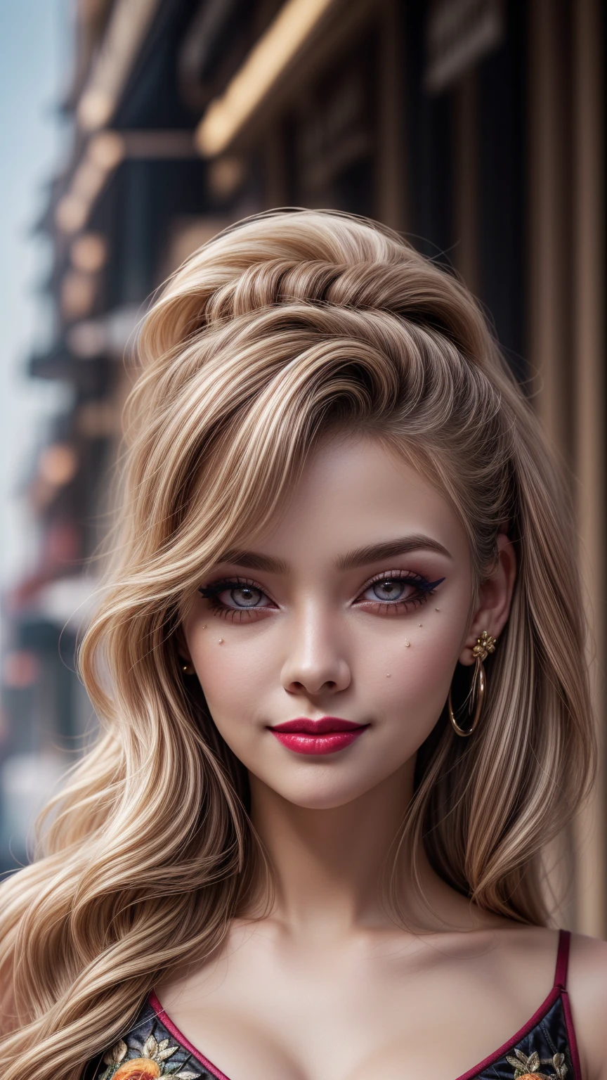 (Photorealistic realism 16K quality), ((ultra insanel quality 16K, professional digital art:1.2)), ((focus sharp on extremely Realistic Proportion Body, Anatomically Correct:1.2)), Beautiful Girl, Half Body Portrait, Black Eye Shadow, ((Street Style Wear:1.35) )), (city background:1.25), finer details, intricate, beautiful details glow, (super details beautiful, slim and sharp features), (bright pale complexion). break, (best highest detailed realistic orange_eyes:1.25), ((super realistic sharp-eyes:1.2)), (tired and sleepy and satisfied:0.0), perfect round eyes, finely detailed pupils, BREAK, detailed lips:1.3,pink_makeup:1.22, (long blue_eyeliner:1.15), (red_lipstick:1.2), (perfect dark_eyeshadows:1.2), (super detailed professional makeup on eyes:1.3), (Detailed nose:1.2), ((smiling, joyful face)), (perfect composition), Depth of field, cinematic light, Lens flare, dslr, best high quality soft lighting, sharp focus captured by Fujifilm XT3, f 5.6, in a dramatic lighting, ((Best Quality)) ,((masterpiece)), intricate details, dry skin, best high quality real texture skin, (A woman with velvety skin:1.3), (best high quality real texture hair), (blonde hair(wavy combed up, behind the ear: 1.22)), (firm big full breasts), (slim muscled body), she is the embodiment of beauty and allure, ((Dressed in a breath taking, silk Dolce & Gabbana.Floral dress:1.3)), elegant fashion intricately detailed:1.28), floral couture, (clothes made of silk and flower:1.3), 3/5 long, (((closeup to her face: 1.3)))