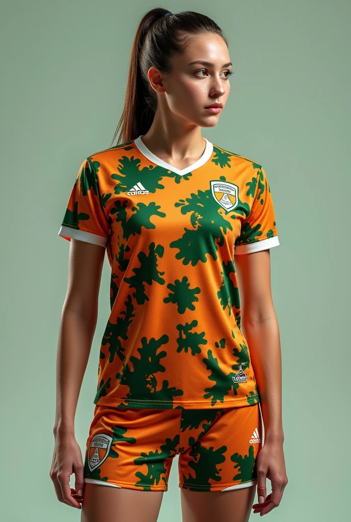 Women's futsal athletic uniform, Men's and women's volleyball in orange colors, moss green and white, with jaguar spots spread across the uniform, camouflaging it