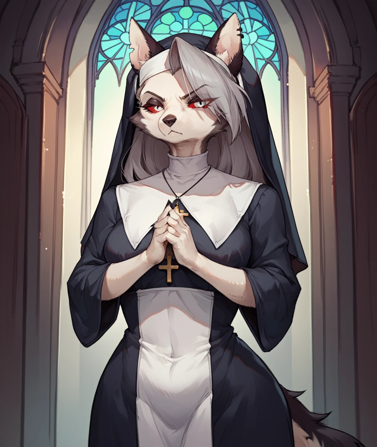 score_9,score_8_up,score_7_up, source_cartoon, kemono style, Anthro furry hellhound, loona from helluva boss, furry body, white eyes, red sclera, she looks serious, wearing nuns outfit, nun hat, nun dress, praying, standing, ina church