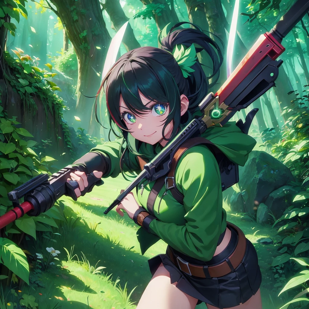 SHARPSHOOTER dota 2, anime style, green color, eye, cute, hoodwink, cute girl, happy, nature