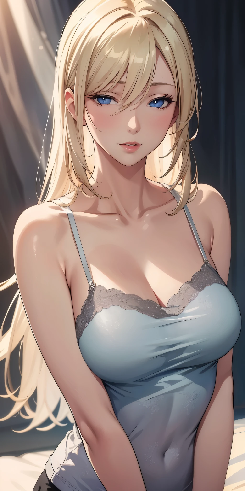 Realistic, elegant mature woman, blonde hair, blue eyes, soft light, 4k resolution, high detailed, high quality, beautiful cg