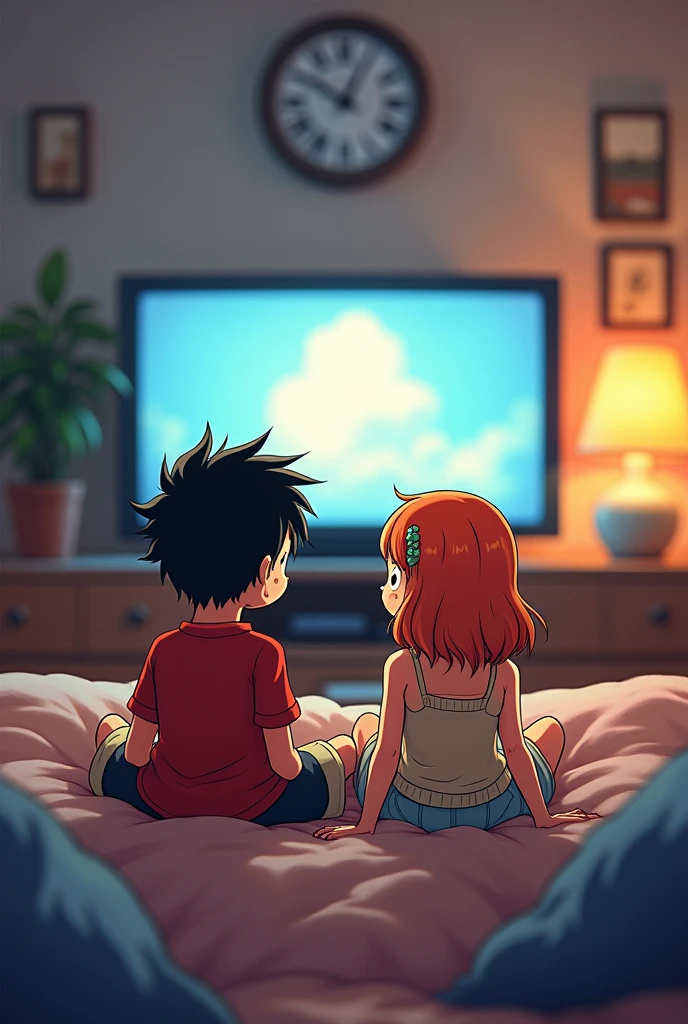 Luffy and Nami in gacha form sitting on a couch watching tv. The image must be generated in a horizontal format and the TV must be completely visible..
