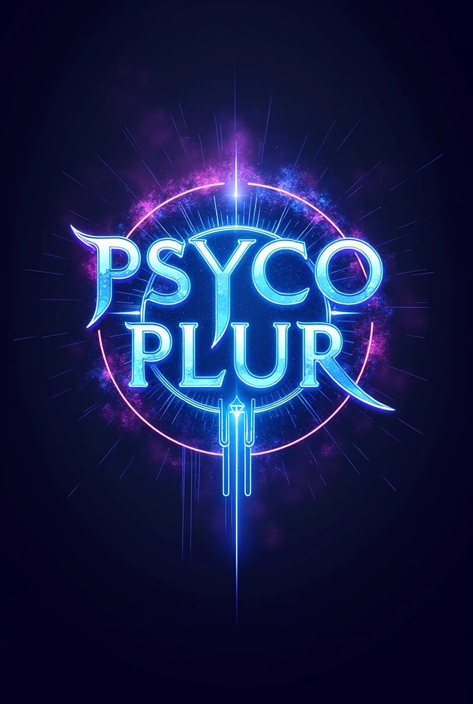 Moba style game guild logo, with the name "Psyco Plur" with goatrance music theme and written in neon blue and dark purple, in the background with the Indian Sanskrit style Ohm symbol.