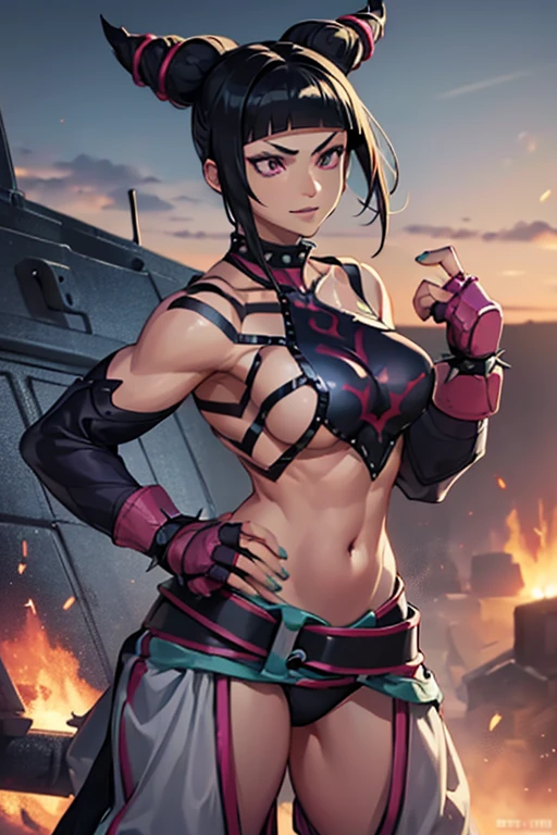 ((Armored tank, tank)), beautiful Juri Han next to tank,( fingerless gloves,multiple belts, collar, spiked bracelet, aqua nails, chaps, baggy pants,toeless legwear,jacket, )