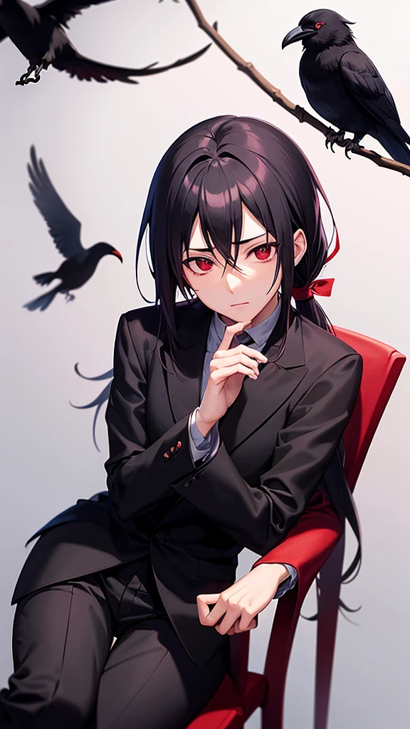 Create an anime character whose face and appearance is Uchiha Itachi from the Naruto anime, only the clothes used are formal clothes with a black suit and red shirt sitting on a chair accompanied by a crow perched on the character's shoulder.