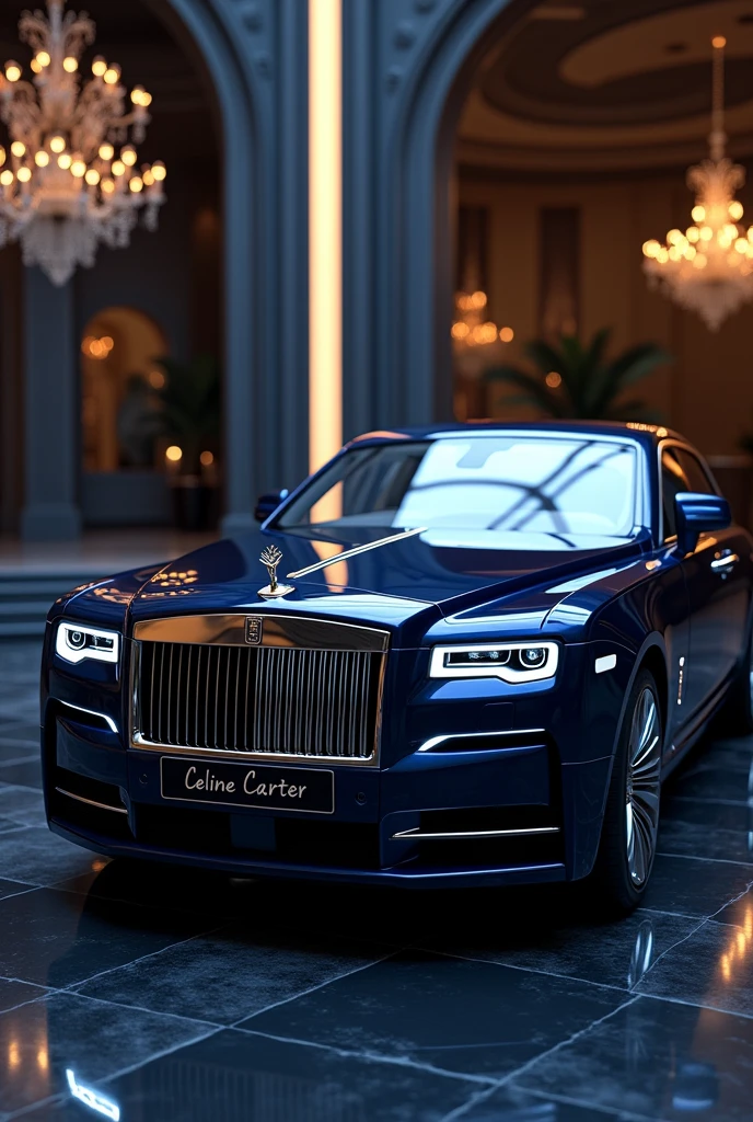 An extremely luxurious navy blue car with the words "Celine Carter" on the porta 