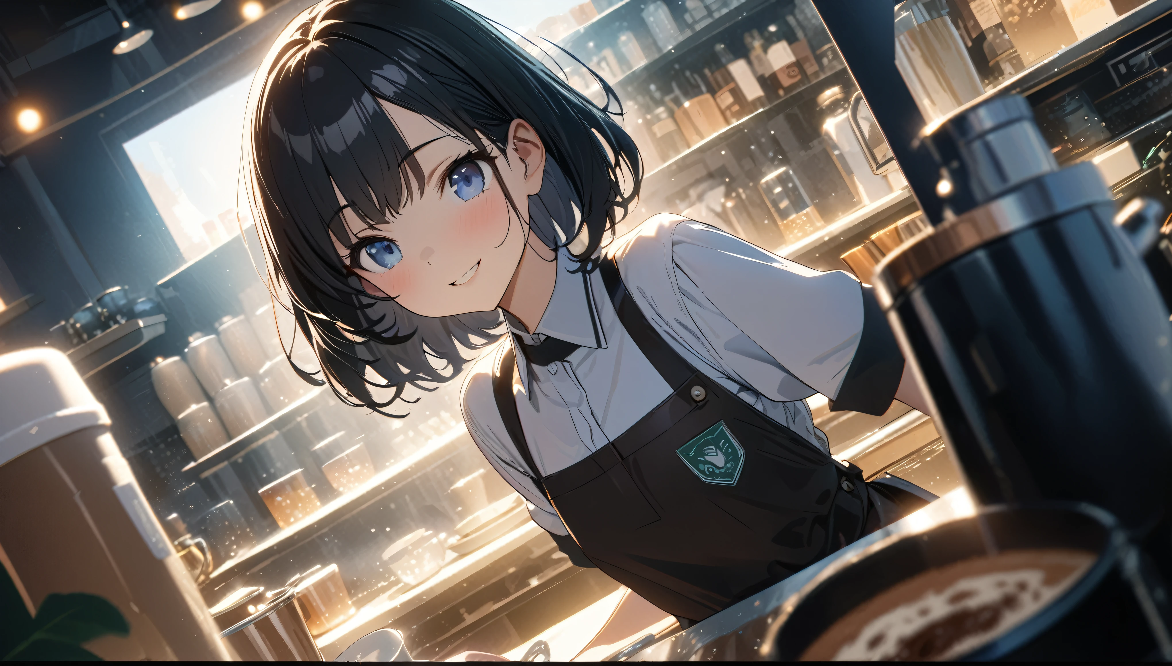 ((ultra-detailed))/three women: (one women with short black hair and bob hair.、beautiful blue eyes,.、smile、gentle smile on her face、flat chest, one Beautiful girl,((masterpiece, illustration, best quality) ((ultra-detailed))/),a girl wearing a barista uniform in a cute coffeeshop while making coffee ,濃い青とBeautiful Blueのグラデーション, High resolution, 8K HD detail, hyper-detail, cinematic, surrealism, soft light, deep field focus bokeh, ray tracing and surrealism. --v6