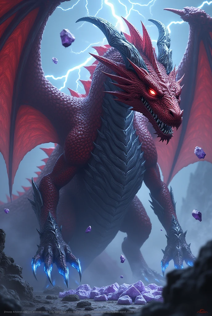 In adult dragon form, Kairon transforms into a majestic and terrifying creature. Its skin is covered in red scales with a deep black sheen., interlaced with silver plates that reinforce vital areas such as the chest and wings. Around your body, blue and white electric currents crackle and sparkle, emanating from the power of the Storm Dragon. Amethyst stones float in orbit, reflecting his ability to manipulate gravity. The shadows around you move unsettlingly, echoing the presence of the Umbral Dragon. Your gaze is penetrating, and the combination of all these features makes it an imposing and unforgettable sight..