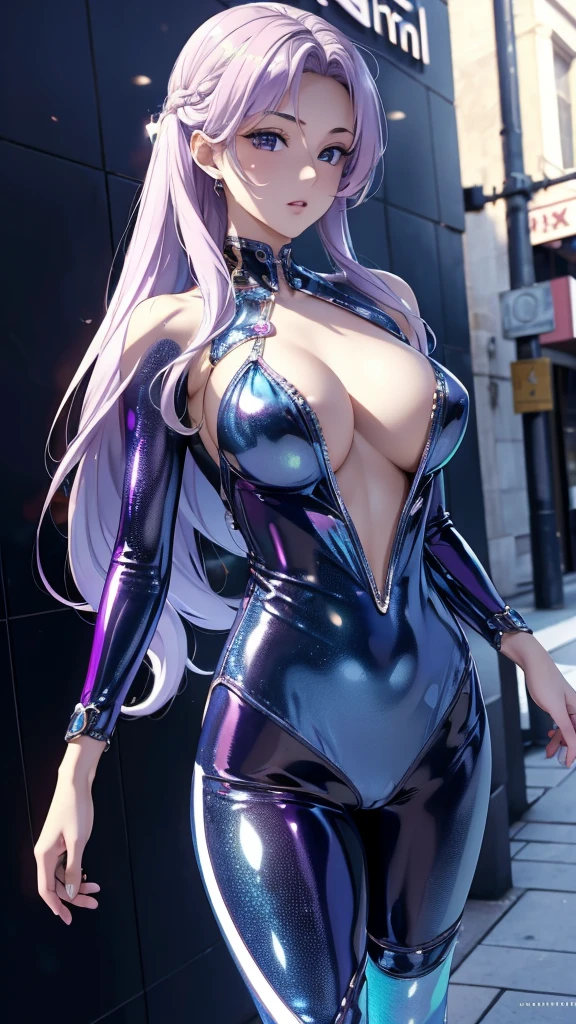 masterpiece, 8k wallpaper, 1girl, bikini, walking on street, Detailed iridescent bodysuit with beautiful fractal or marble design:1.5, cleavage, long hair, cool pose, cinematic,