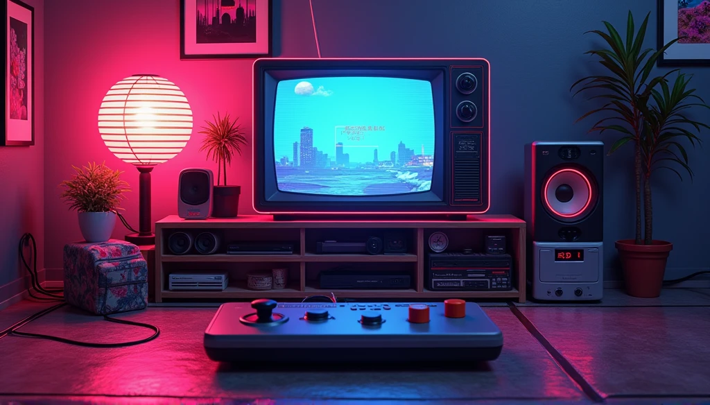 Coin de jeux vidéo au néon de style vintage des années 90, with a retro console, and a cyberpunk TV
