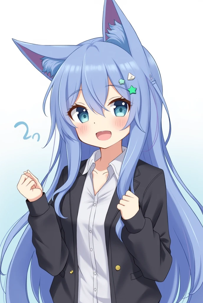 One girl, Animal ears, blue eyes, Long Hair, Blue Hair, Long sleeve, bangs, Cat ear, Upper Body, Focus Only, hair ornaments, Sleeves are longer than the wrist, blush, White Background, collared shirt, Simple Background, shirt, View your viewers, Jacket, black Jacket, One side up, Hair between the eyes, Slope, ;3, Slope background, Blue background,Fool,Stupid,clavicle