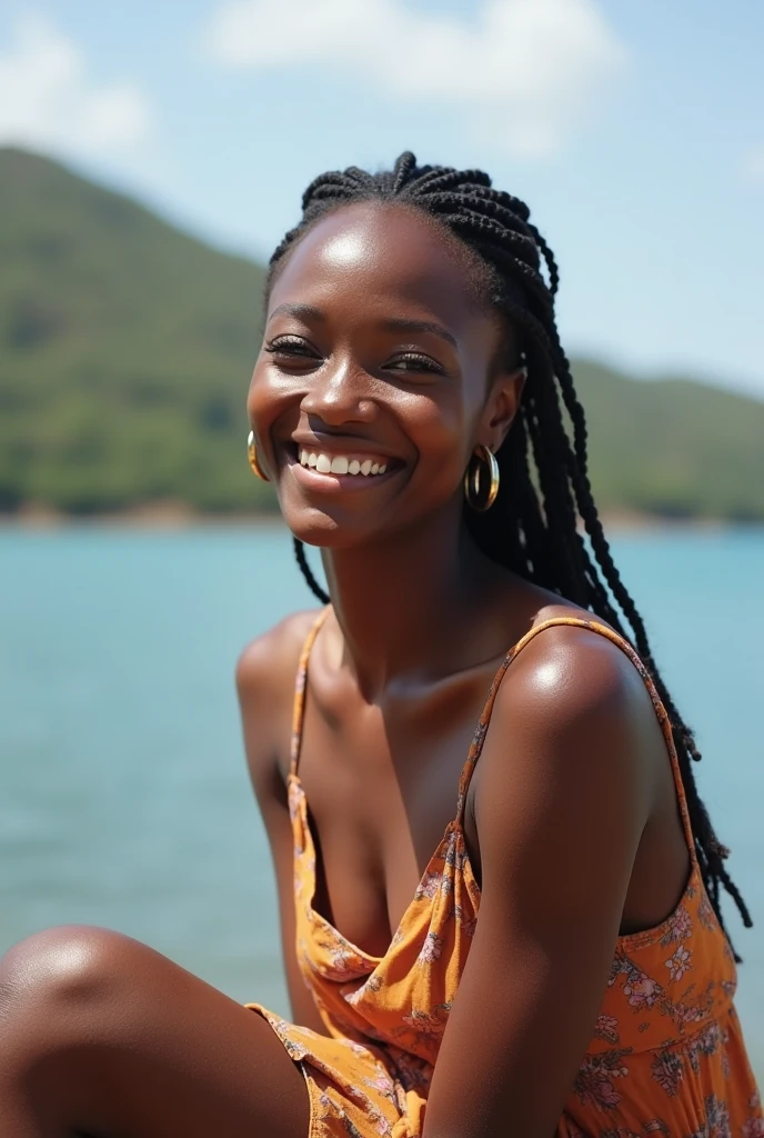 A woman who sat infront of lake Victoria with a smilling face