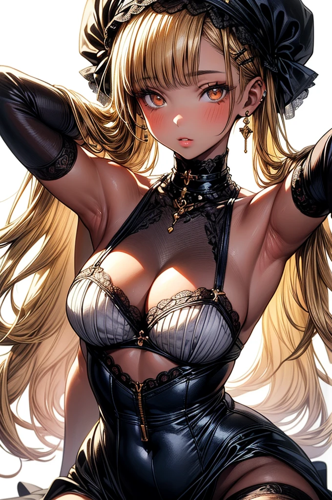 ((highest quality)),(ultra high resolution),(Super detailed),(detailed description),((best CG)),(best work of art),super precision art, great drawing art,(Art with precise details:1.5), (1 woman:1.5), beautiful and well-shaped face:1.5,(Beautiful skin with precise and detailed depiction:1.6),(Very precisely depicted French Maid outfit),provocative angle:1.6,gorgeous, masterpiece, best quality, high-resolution, finely detailed, extremely detailed and beautiful, distinct-image, 1 girl, solo, White French Maid Uniform, beautiful young age girl, 13 yarly white skin, Blonde braided ponytail hair, adorable and cute facial features, golden-brown colored eyes, Black sheer stockings plump thick lips, tiny breasts, slender and slim toned body type, tall height(180cm), small narrow waist, wide curvy hips, plump large round ass, full body picture, cat-ears, cat tail