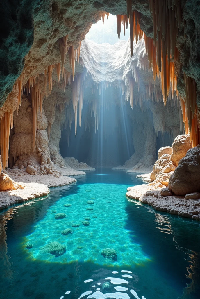 Crystal Cavern Oasis: Imagine a hidden cavern where every surface gleams with crystals of all shapes and sizes, reflecting light in a kaleidoscope of colors. In the center of this cavern is a serene pool of water so clear it’s almost invisible, reflecting the crystal-studded ceiling above. Soft, warm light filters in from unseen crevices, casting rainbows across the walls. The air is cool and fresh, with a faint scent of mineral-rich earth. The sound of dripping water echoes gently, creating a symphony of nature's rhythms. You sit by the edge of the pool, dipping your toes in the water, feeling an overwhelming sense of calm as the tranquil beauty of the cavern surrounds you.
