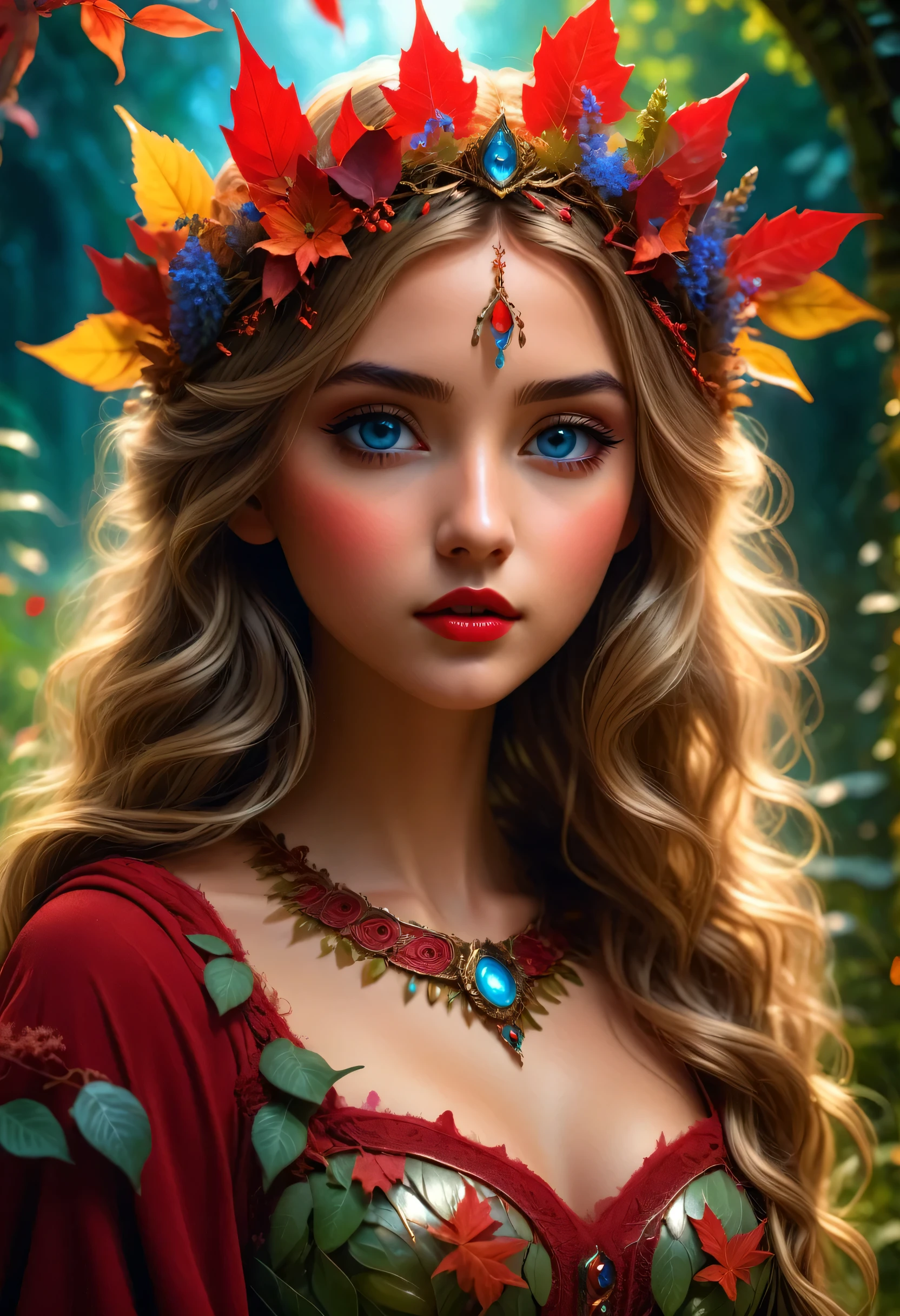 a beautiful 20 year old girl, messy dark blonde hair, fantasy landscape, portal to a magical garden, mystical atmosphere, beautiful detailed eyes, beautiful detailed lips, extremely detailed face, long eyelashes, red leaf crown, dress made of leaves and wildflowers,(((dynamic pose, from the knee up))), photorealistic, hyper-detailed, 4k, high resolution, masterpiece, intricate details, vivid colors, dramatic lighting, cinematic composition, concept art style, 8k.