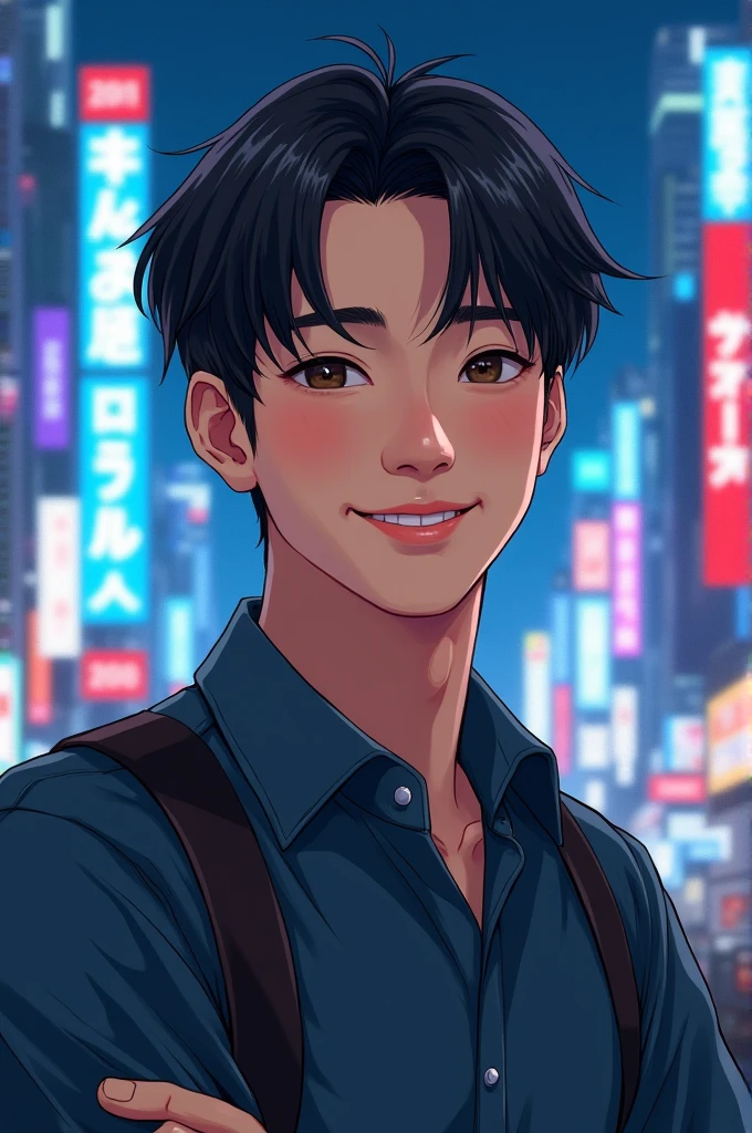create a realistic image of a Japanese man with black hair, smooth ass, with bangs, Jovial appearance, light skin tone, lightbrown eyes. standing showing the whole body, on a background with Tokyo buildings in neon blue colors
