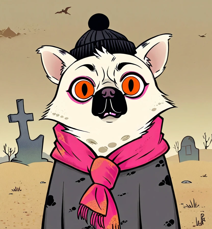 White Hyena, two Circle Eye, pink Pupil, pug mouth, scared, Black beanie, red scarf, shirt, orange shirt, looking at viewer, Desert and Graveyard, art by Kim Jung-Gi and John Patrick Green