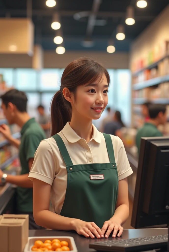 A young cashier in a supermarket.