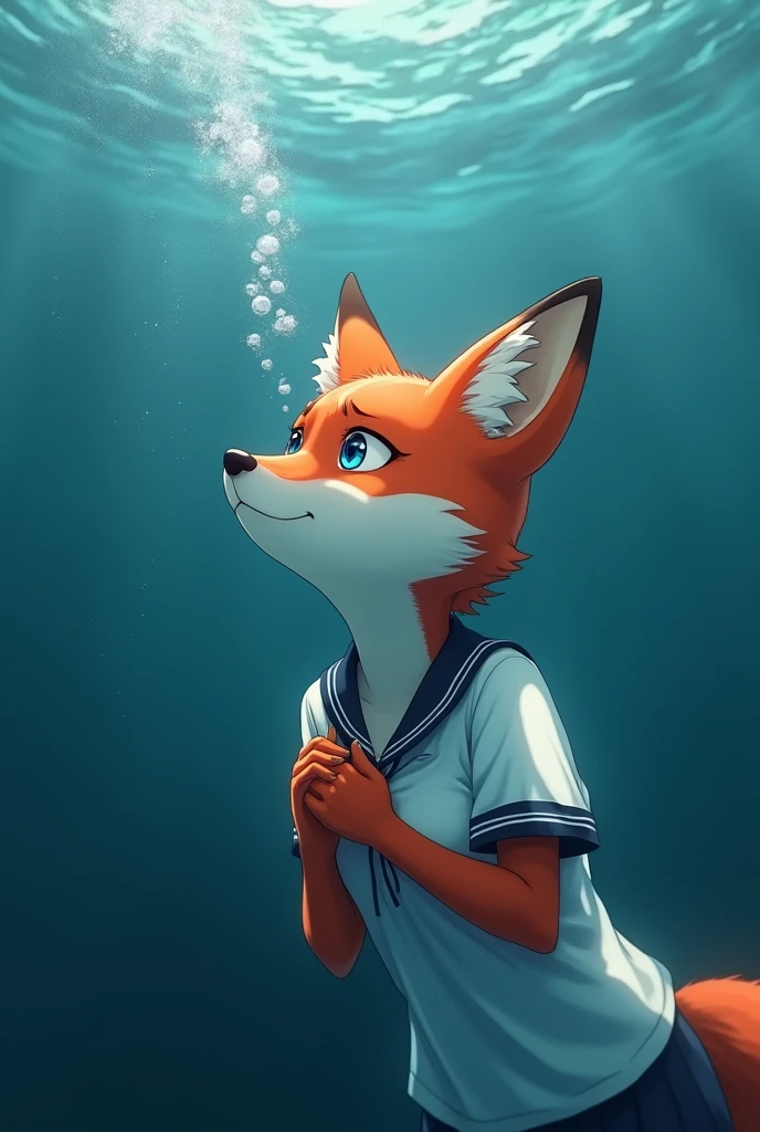 1 anthropomorphic female fox in a short sleeve school sports uniform, drowning underwater, without breath, looking up with a worried and drowning expression on her face, grabbing her chest with her hands, side face, beautiful realistic and expressive eyes, beautiful detailed face, drowning pose, detailed and realistic hands, (best quality,4k,8k,highres,masterpiece:1.2),ultra-detailed,(realistic,photorealistic,photo-realistic:1.37),highly detailed, cinematic lighting, dramatic, emotional, underwater scene, underwater peril, underwater struggling, realistic water effects, water, bubbles, detailed facial features.