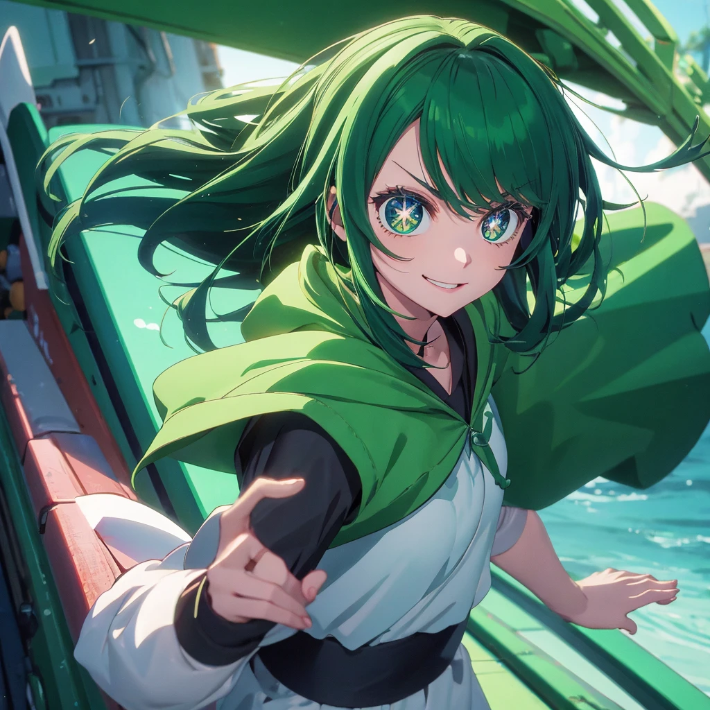 anime style, green color, eye, cute, hoodwink, cute girl, happy