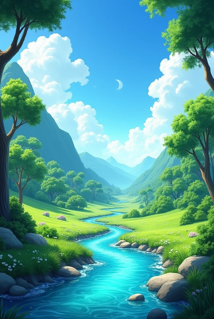 An image with lots of green nature, with a river of crystal clear water. And a blue sky