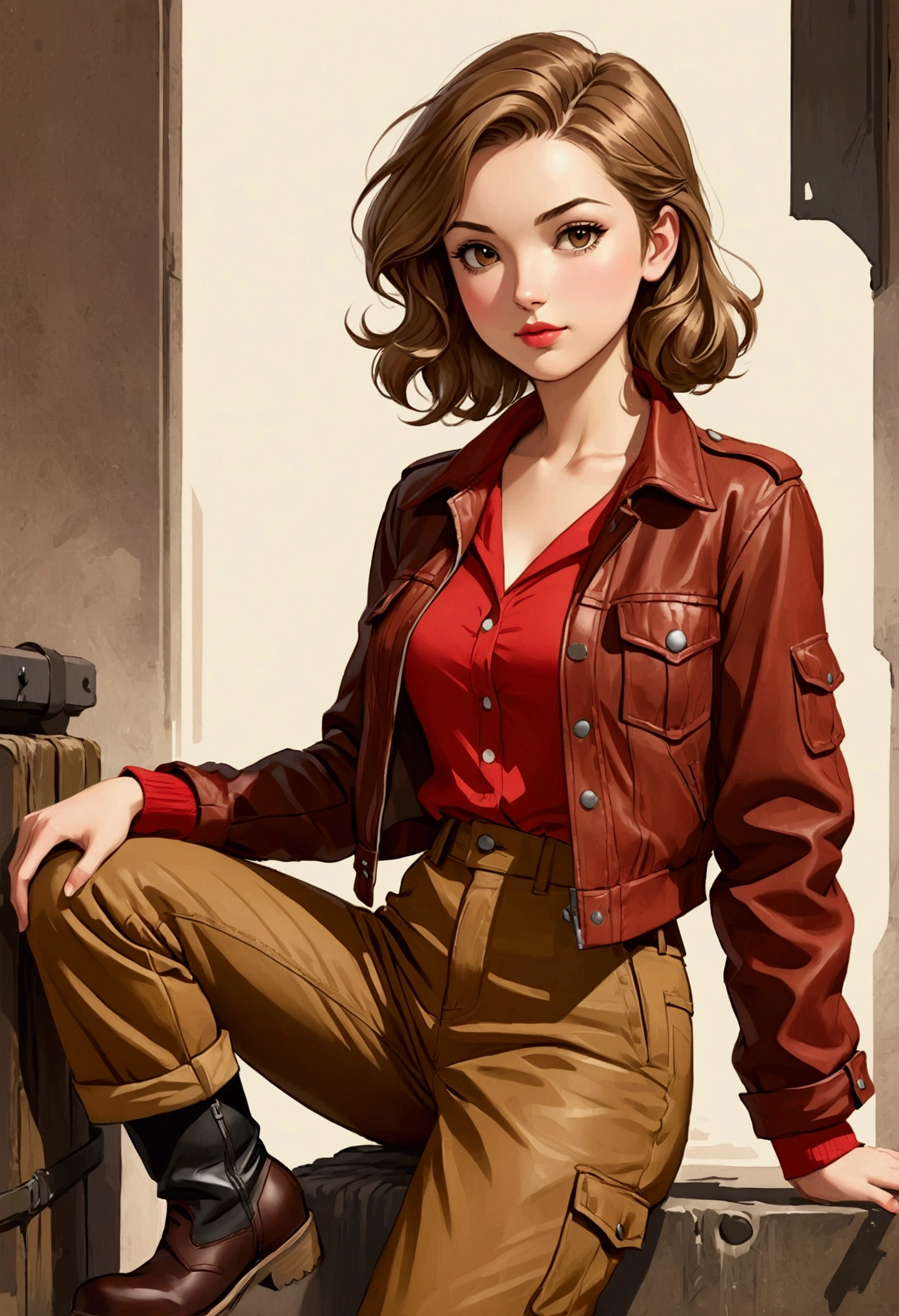 Beautiful young woman Kath Sarah Kay style with semi-short, straight light brown hair, dressed in 40's style, with a red shirt, wearing a brown leather jacket, dark brown cargo pants and boots, in relaxed position, illustration, realistic, anime, photography, poster, fashion, portrait photography