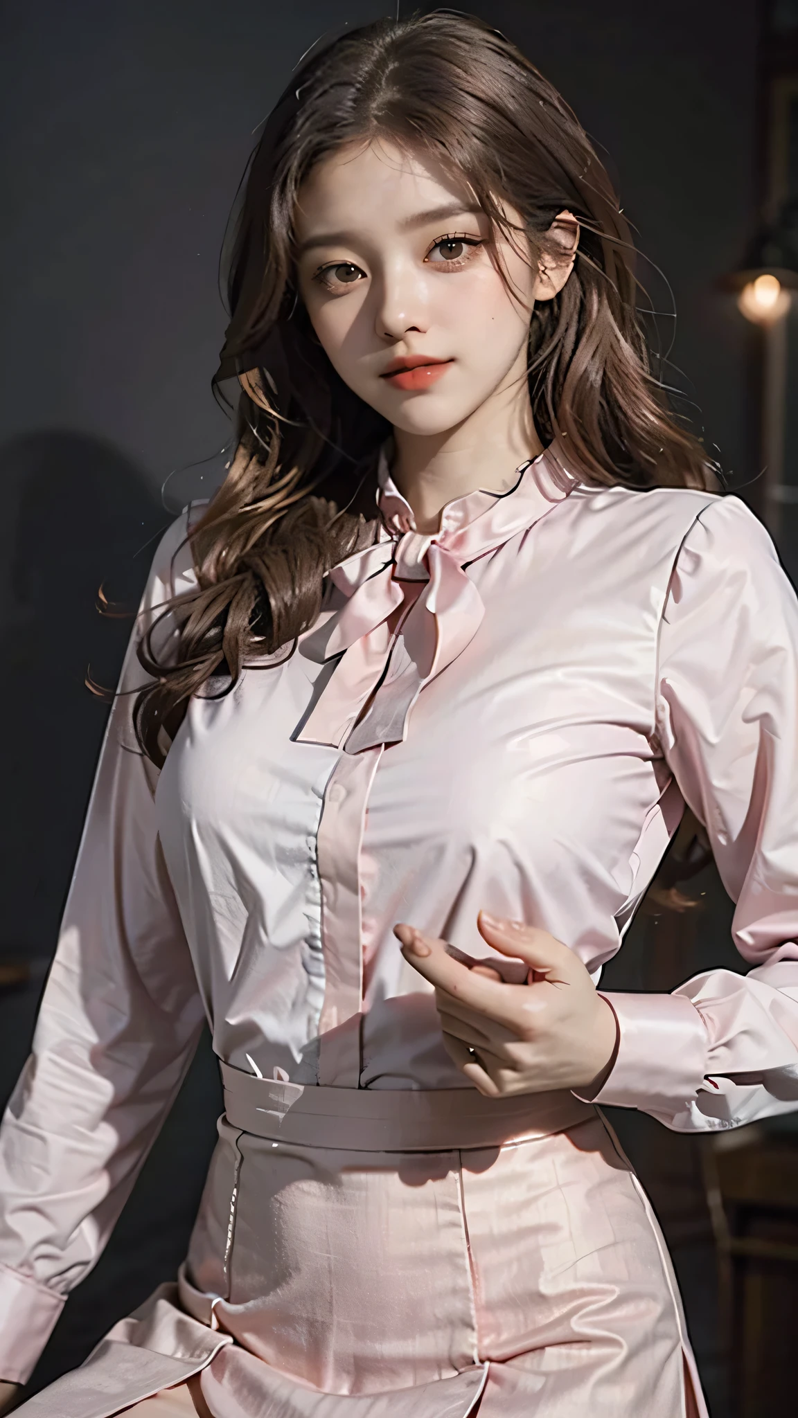 detailed background, masterpiece, best quality, 1 person , curly hair, long hair, purple eyes, star in eye , pink blouse, long skirt,pink, ,pink blouse , beautiful bow, detailed bow,