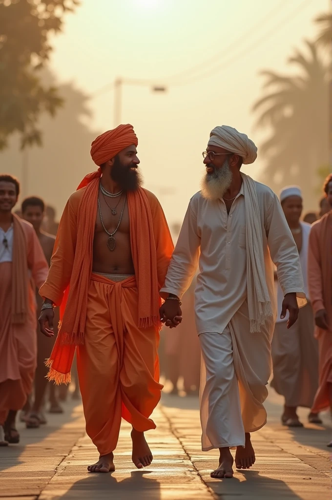 A Hindu man and a Muslim man holding hands, two people are very happy and many people are moving behind face good looking catoon
