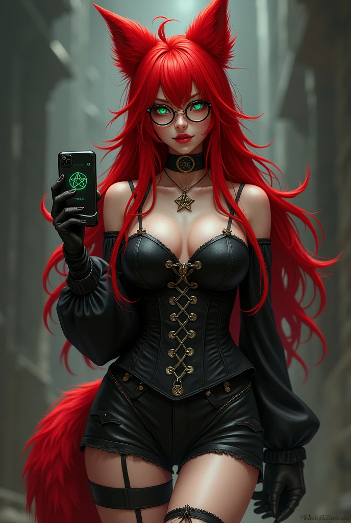 Hellhound girl, red hair, long red fluffy big tail and red fluffy ears, pale skin, button nose, emerald eyes, scar on her left eye, fangs, collar, phone in hand, wearing round framed glasses, leather shorts with ripped fish nets, leather boots, and a corset top that’s red and Lacey with a pentagram on it