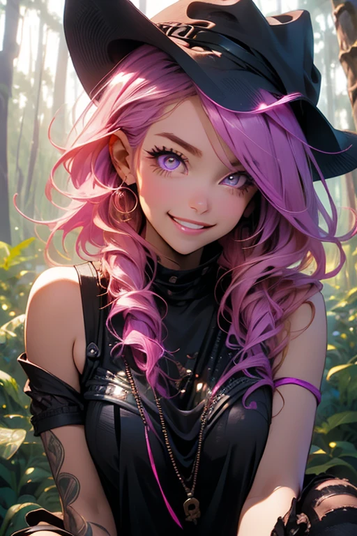 Perfect face. Perfect hands. A pink haired woman with violet eyes and an hourglass figure in a black lace tank top and ripped jeans is taking selfies in the forest with a big smile