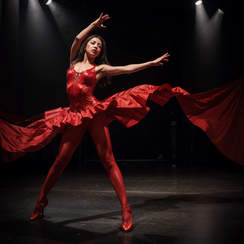 Female dancer in the spotlight while dancing flamenco on a dark stage。Red costume。passionate。Dynamic full-body photos。
