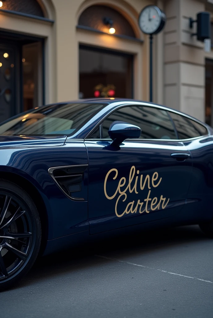An extremely luxurious navy blue car with the words "Celine Carter" on the left door