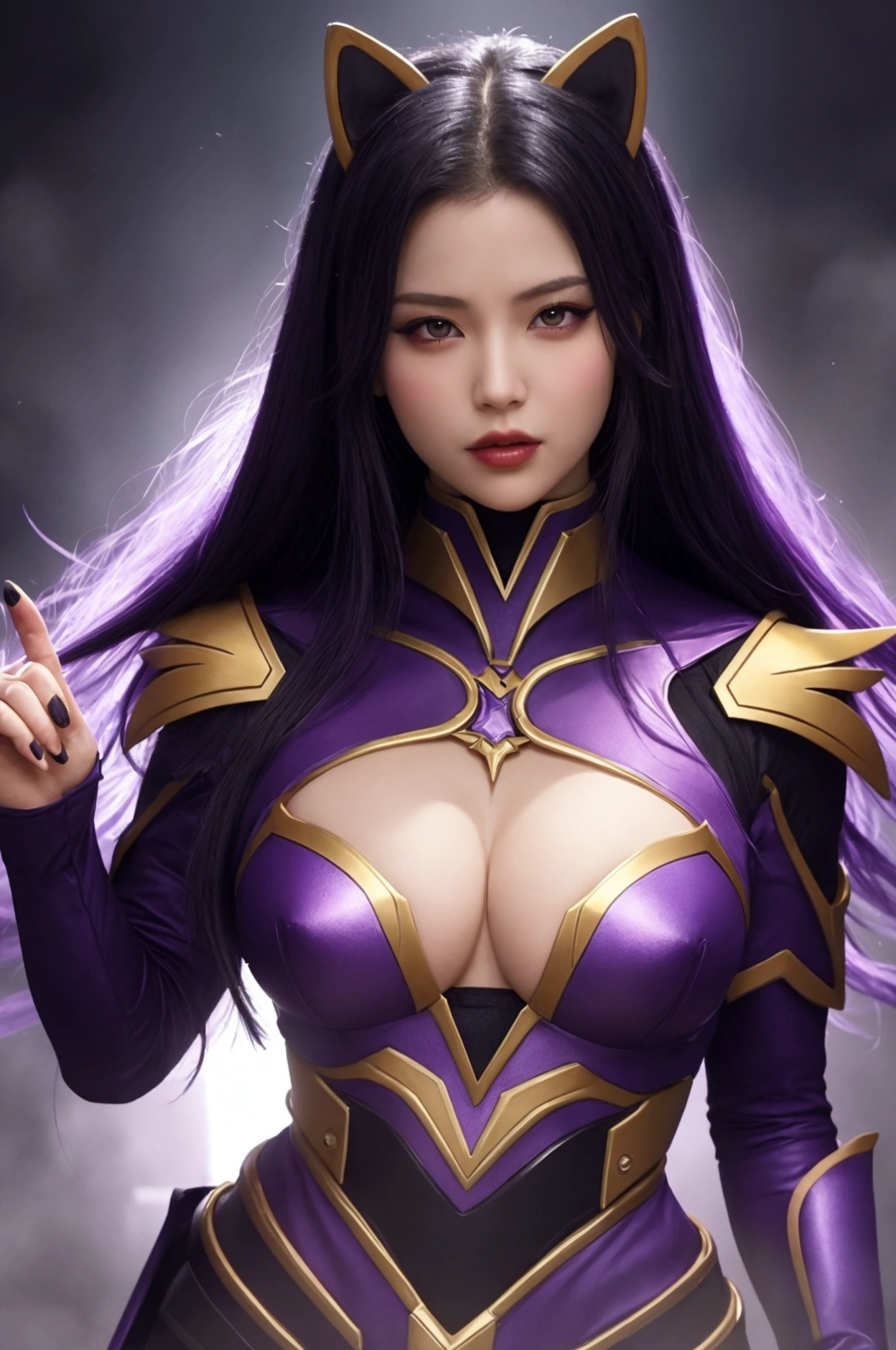 (fotorrealism:1.2)
Create an image of a female Power Ranger character named "Violet Fox," who is a seductive and evil warrior. She has a perfect curvy body, exuding a powerful and seductive presence. The character wears a Power Ranger costume with a predominantly purple color scheme., remembering the powerful design of the shapeshifter suit. Your costume should feature intricate details and fabric textures similar to the classic Power Ranger costume..
The character is surrounded by a radiant purple aura that emphasizes her wicked power and seductive nature.. The aura must be mystical and captivating, increasing your villainous charm. The backdrop should be dynamic and energetic, reflecting the character's intense and enigmatic personality.
Focus on capturing the contrast between her alluring beauty and her darkness, evil nature in the image. Make sure every detail, from the design of the costume to the expression on his face, conveys the essence of Violet Fox as a formidable and captivating antagonist.
Her hair is black and attractive.
Ela derrotou os Power Rangers.
((Make the accurate Power Ranger costume.))