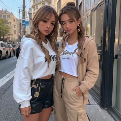 (Highest quality、4K、8k、High resolution、masterpiece:1.2)、Very detailed、(Genuine、Realistic、Realistic:1.3)、bustling street、(Two Girls)、Brown-haired and blonde、Ear piercing、、Gal Makeup、Gal Fashion、hoodie、cargo pants、Necklace、Bracelets