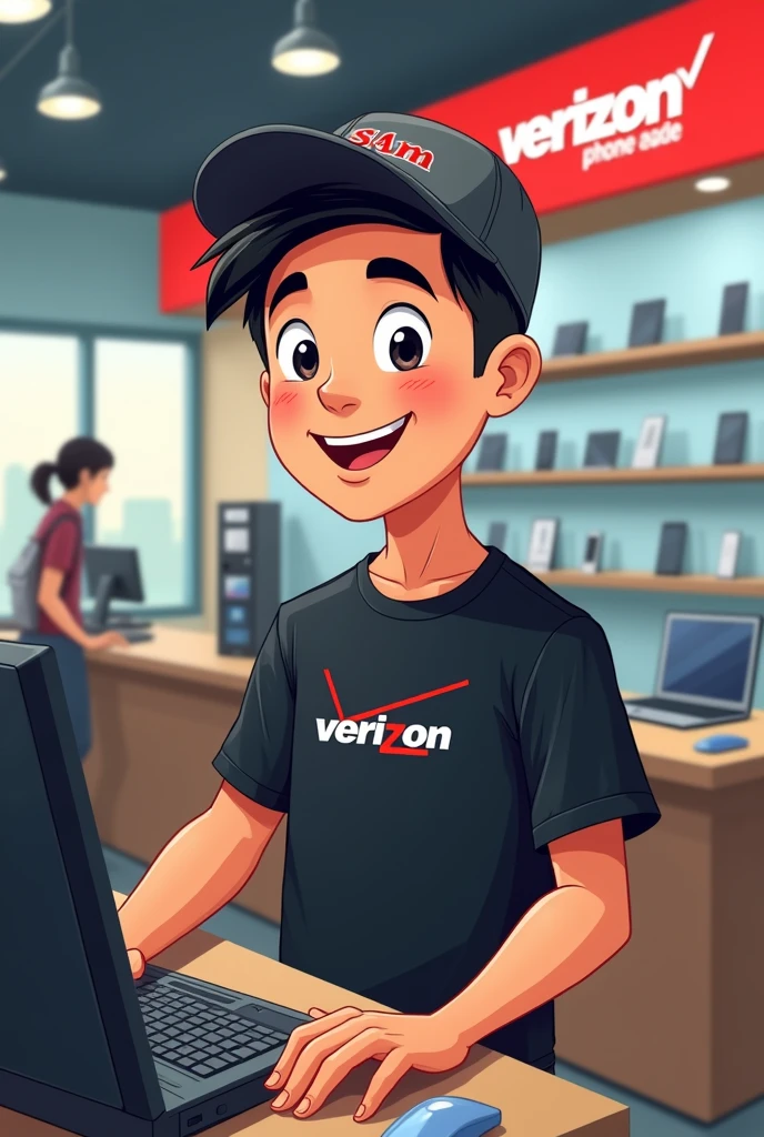 A 27-year-old boy from China with Chinese eyes wearing a cap and a black t-shirt with the Verizon logo on the t-shirt working at a phone store called Verizon in a cartoon style.