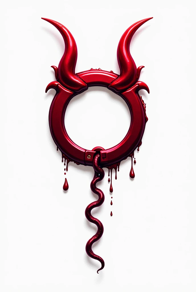 (logo design) sexy evil logo, a sexual striking red handcuff, adorned with demon horns and a sinuous chain tail extending from the base, dynamic and bold, emphasizing a dark theme, glossy finish, high-resolution, creating an impression of sexuality and power. White background. 