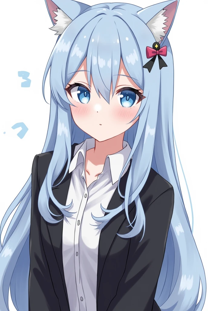 One girl, Animal ears, blue eyes, Long Hair, Blue Hair, Long sleeve, bangs, Cat ear, Upper Body, Focus Only, hair ornaments, Sleeves are longer than the wrist, blush, White Background, collared shirt, Simple Background, shirt, View your viewers, Jacket, black Jacket, One side up, Hair between the eyes, Slope, ;3, Slope background, Blue background,Fool,Stupid,clavicle