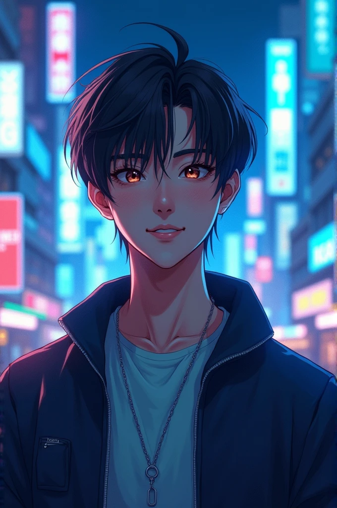 create a realistic image of a Japanese man with black hair, smooth ass, with bangs, Jovial appearance, light skin tone, lightbrown eyes. standing showing the whole body, on a background with Tokyo buildings in neon blue colors