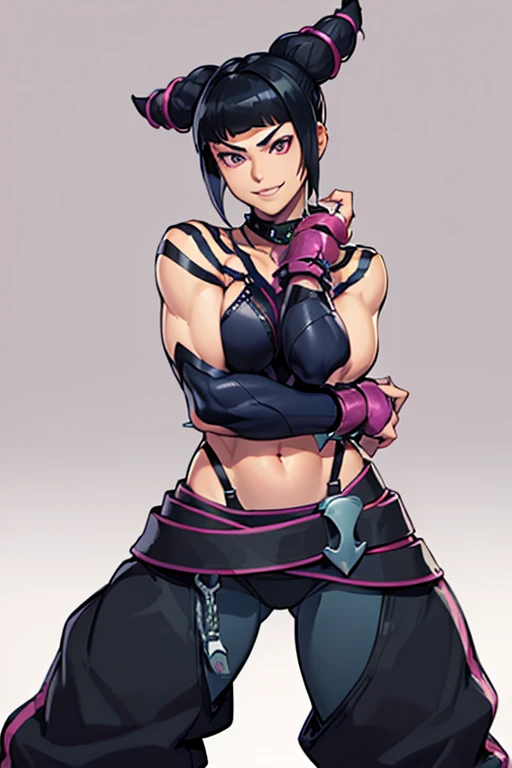 ((Armored tank, tank)), beautiful Juri Han next to tank, posing near tank, leaning on tank, arms crossed, smirking,( fingerless gloves,multiple belts, collar, spiked bracelet, aqua nails, chaps, baggy pants,toeless legwear,jacket, )