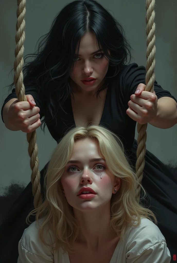 
A woman in her forties, beautiful with powerful features, black hair and eyes, dominant and cruel, holds a rope from the collar of a girl in her twenties who is desperate and cannot escape because of the power of the older woman, she is blonde with lovely features, a tear drop on her face